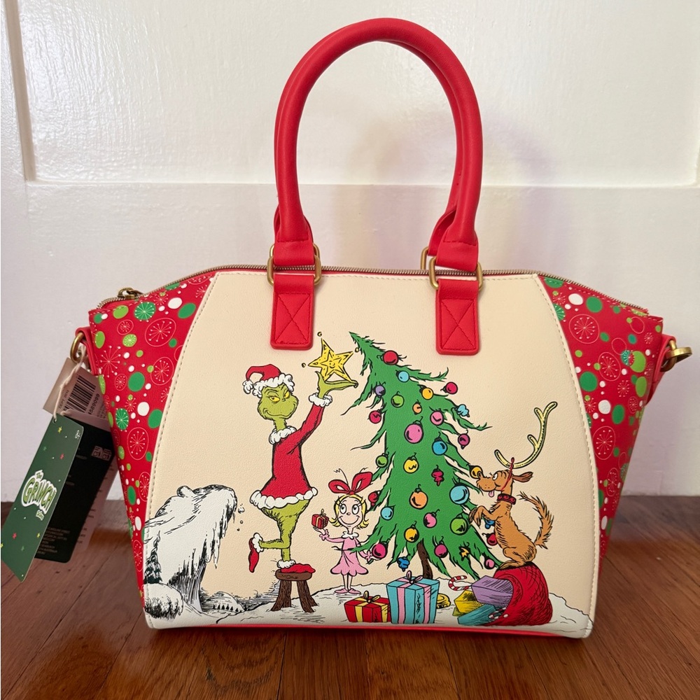The Grinch Loungefly Holiday Graphic Satchel Handbag in Red and Cream